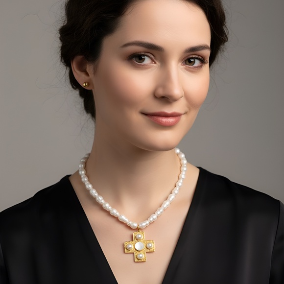 Cross & Pearl Statment Necklace Set - Picture 1 of 4